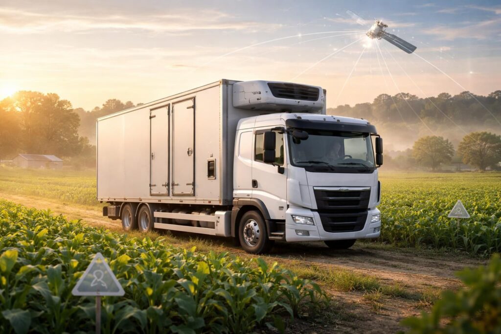 Transport agricole sécurisé pour cultures OGM avec camion frigorifique et traçabilité GPS complète