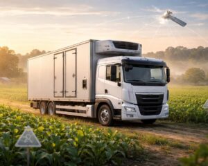 Transport agricole sécurisé pour cultures OGM avec camion frigorifique et traçabilité GPS complète