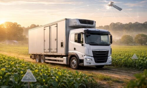 Transport agricole sécurisé pour cultures OGM avec camion frigorifique et traçabilité GPS complète