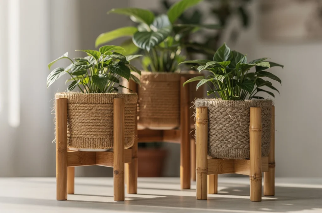 Matériaux écologiques pour portes-plantes : allier bois certifié, fibres naturelles et bambou
