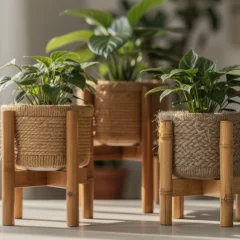 Matériaux écologiques pour portes-plantes : allier bois certifié, fibres naturelles et bambou