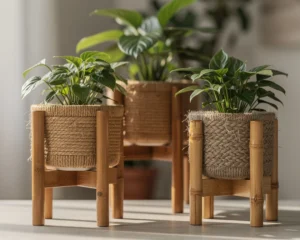 Matériaux écologiques pour portes-plantes : allier bois certifié, fibres naturelles et bambou