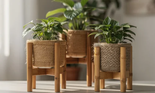 Matériaux écologiques pour portes-plantes : allier bois certifié, fibres naturelles et bambou